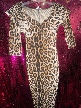 Unique Vintage Leopard Print V-Neck Midi Dress - Black & Brown